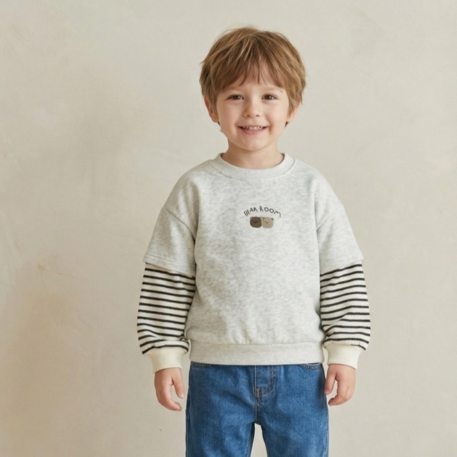 兒童假兩件條紋熊熊刺繡衛衣