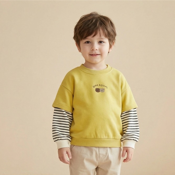 兒童假兩件條紋熊熊刺繡衛衣 (8)