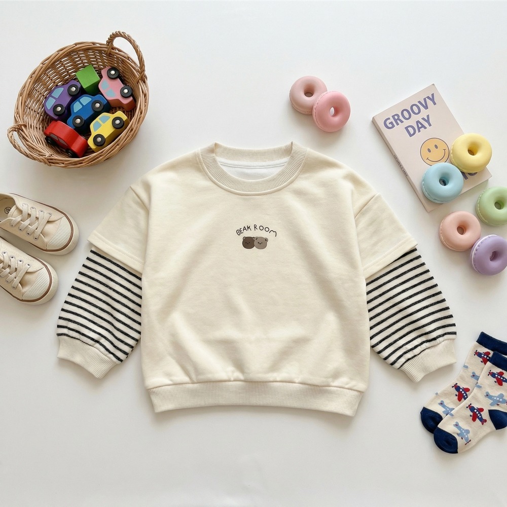 兒童假兩件條紋熊熊刺繡衛衣 (3)