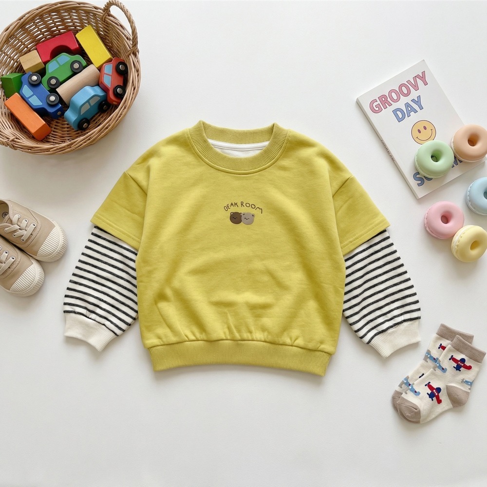 兒童假兩件條紋熊熊刺繡衛衣 (6)