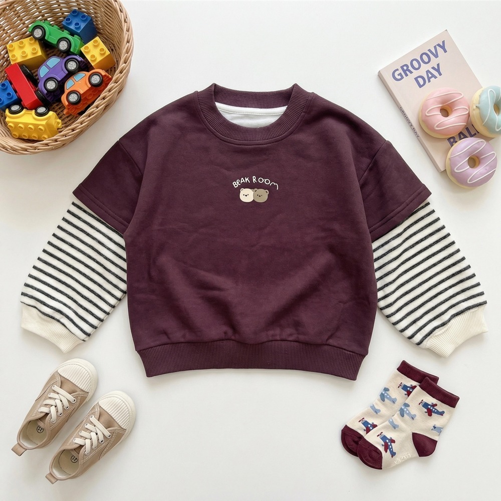 兒童假兩件條紋熊熊刺繡衛衣(5)