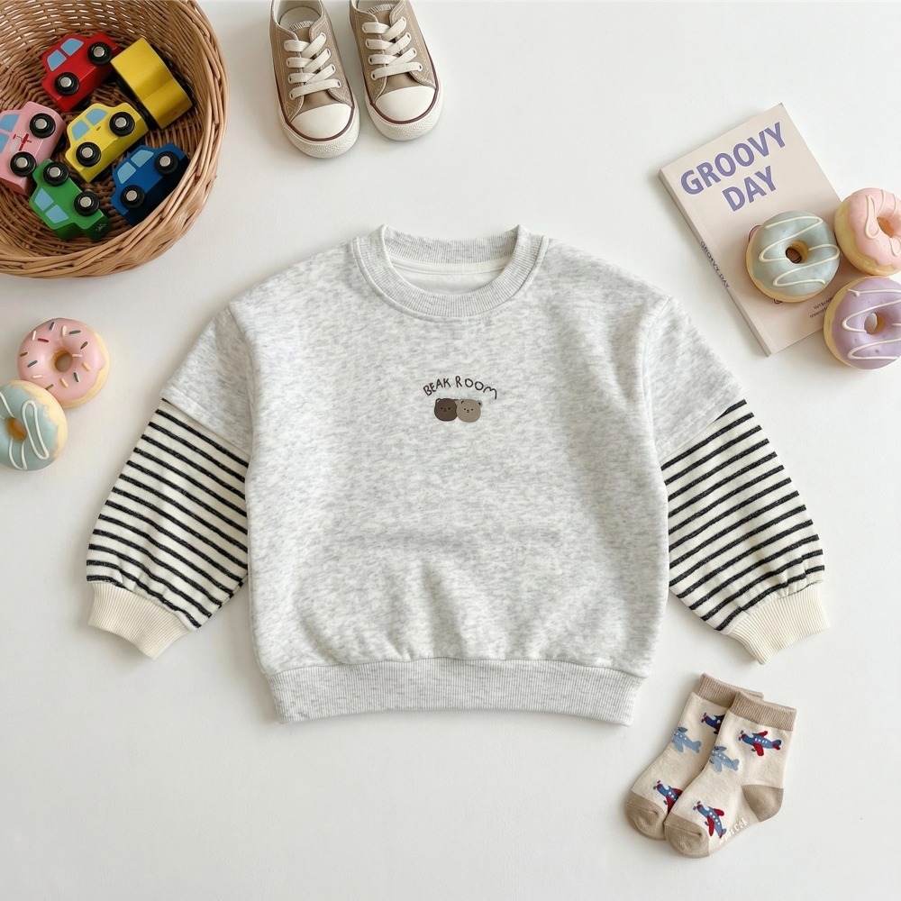 兒童假兩件條紋熊熊刺繡衛衣 (4)