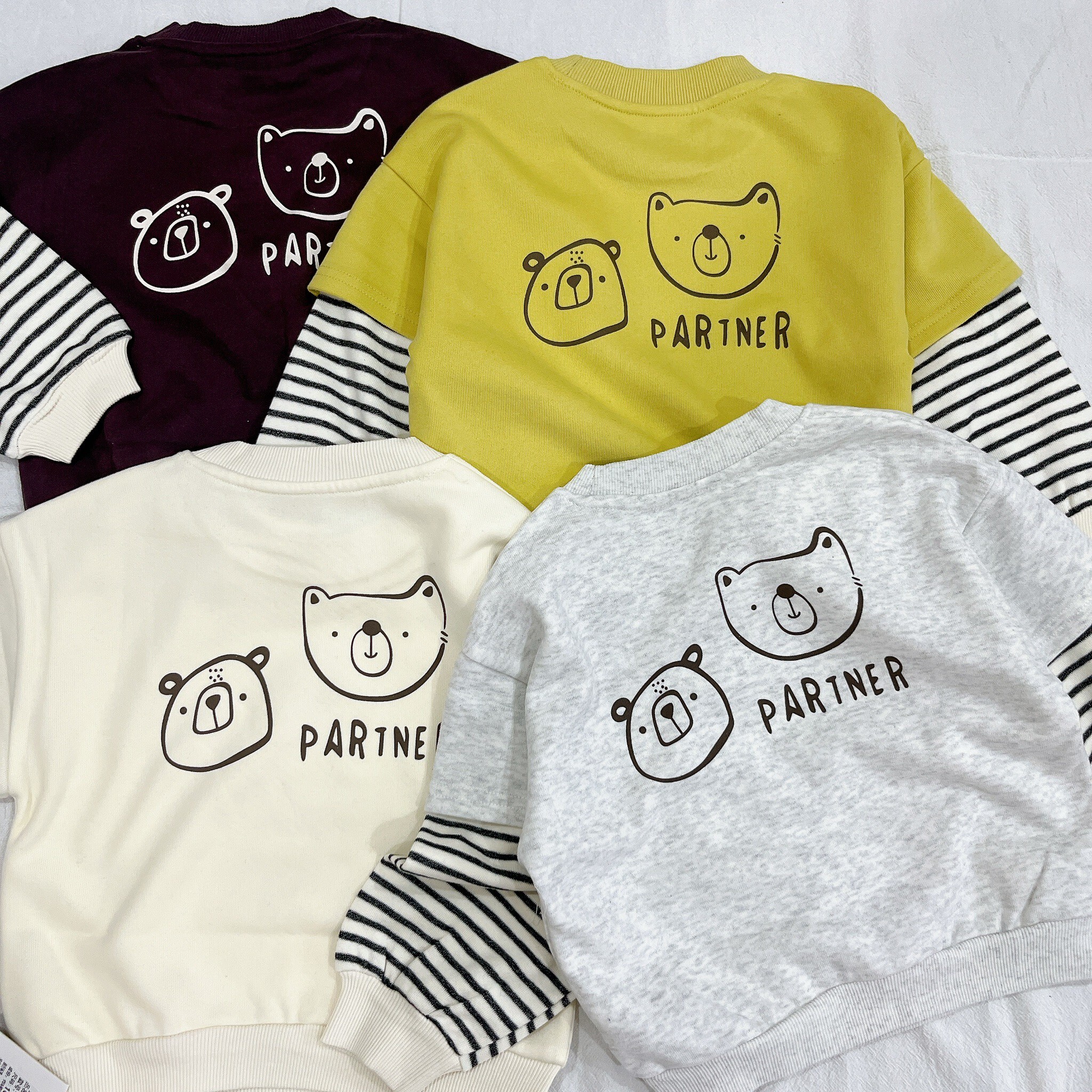 兒童假兩件條紋熊熊刺繡衛衣