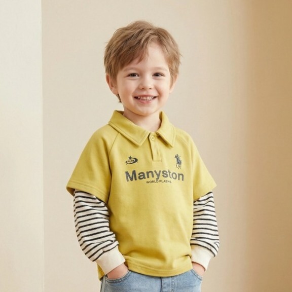 兒童假兩件條紋長袖Polo衫 (3)