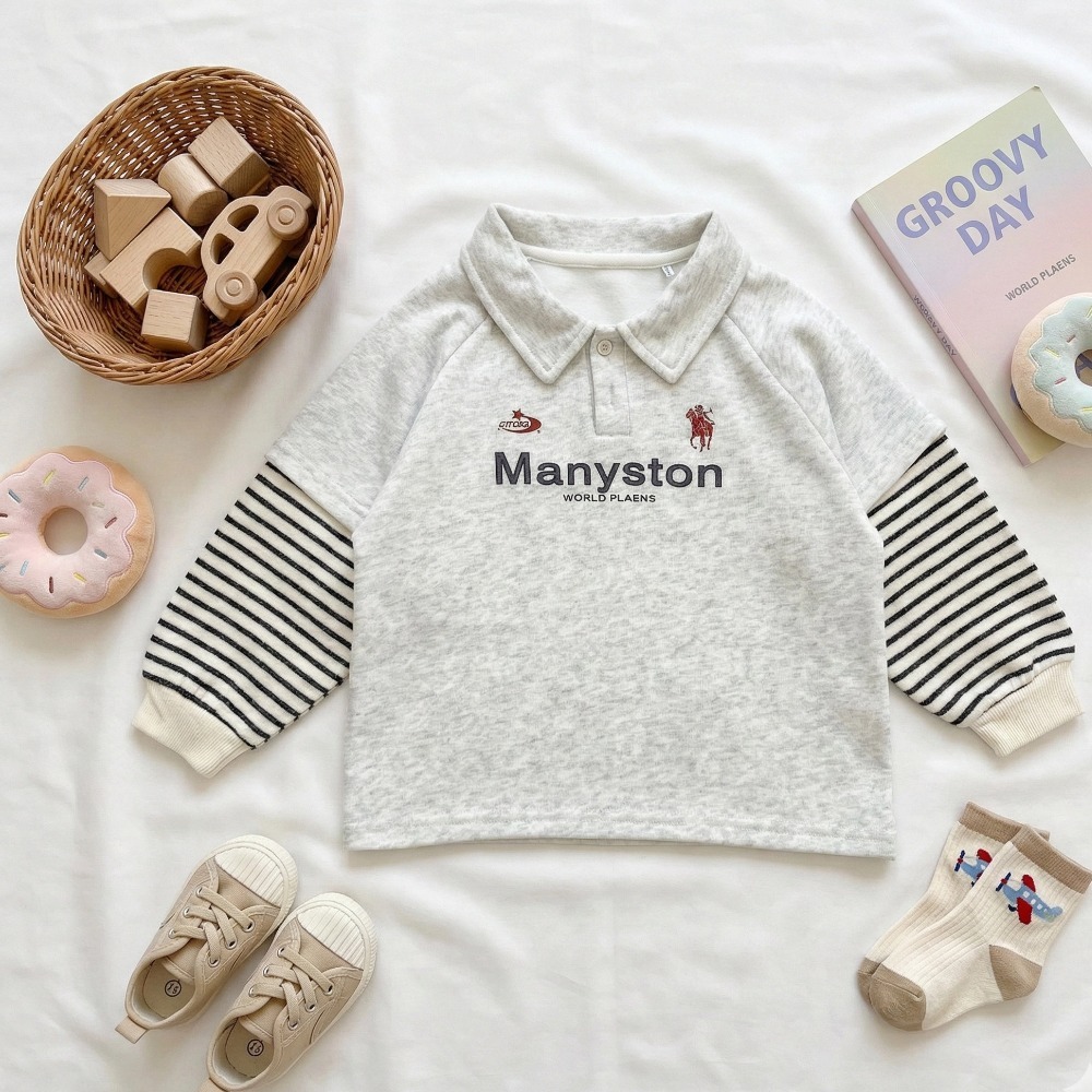 兒童假兩件條紋長袖Polo衫 (5)