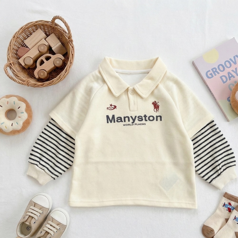 兒童假兩件條紋長袖Polo衫 (4)