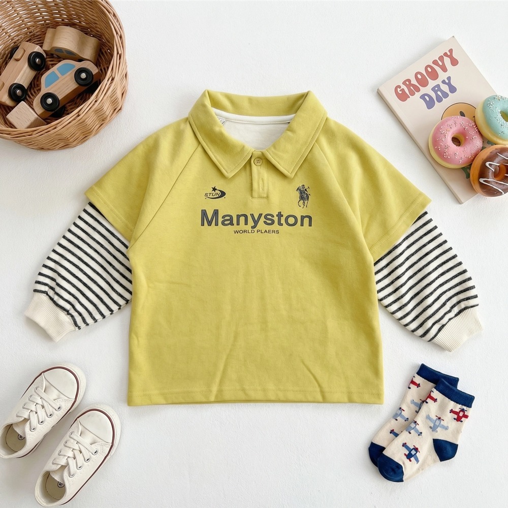 兒童假兩件條紋長袖Polo衫 (7)