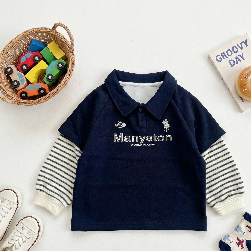 兒童假兩件條紋長袖Polo衫 (6)