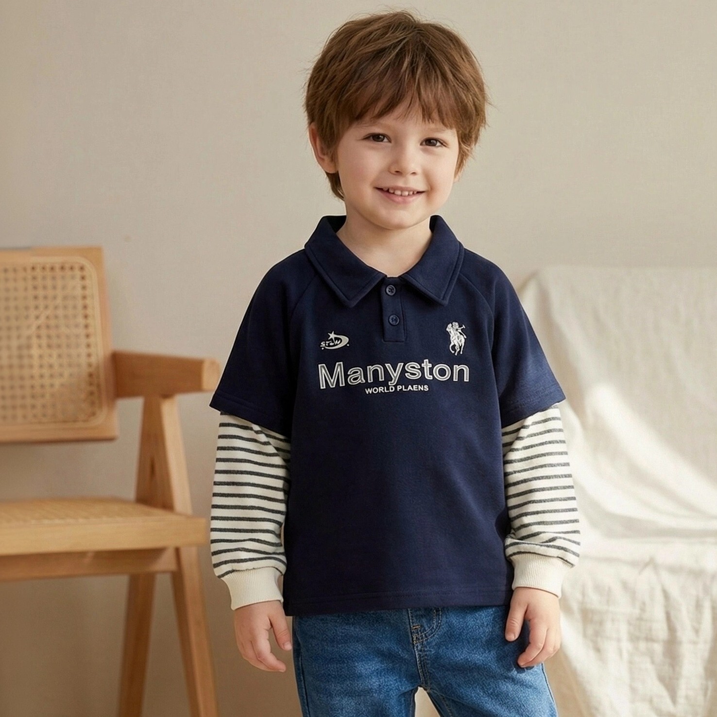 兒童假兩件條紋長袖Polo衫 (1)