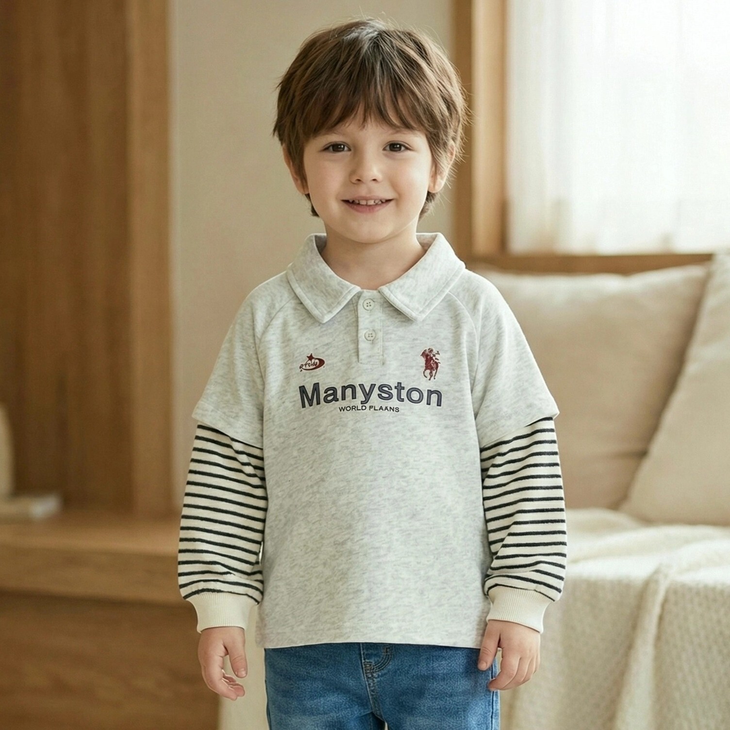 兒童假兩件條紋長袖Polo衫 (8)
