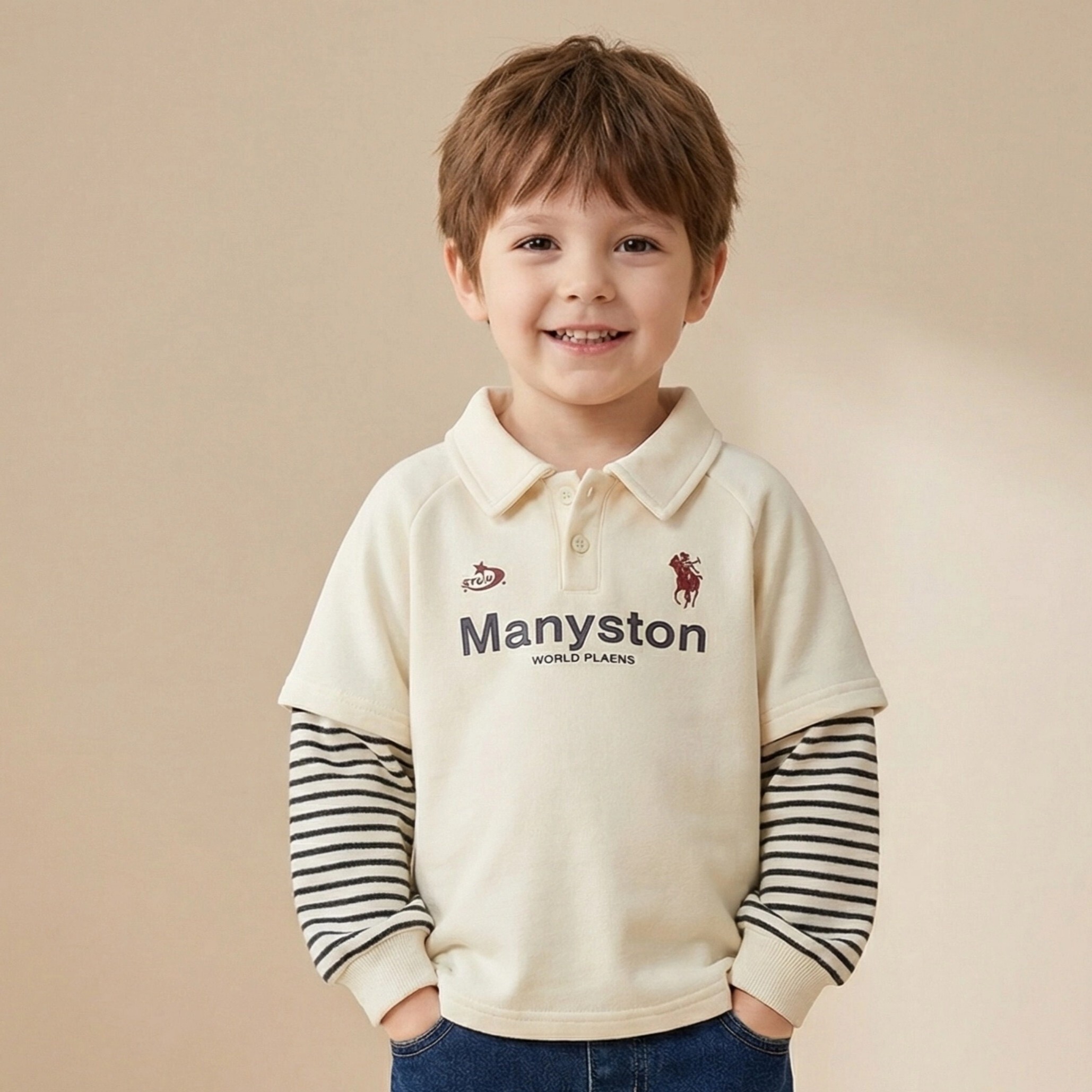兒童假兩件條紋長袖Polo衫(2)