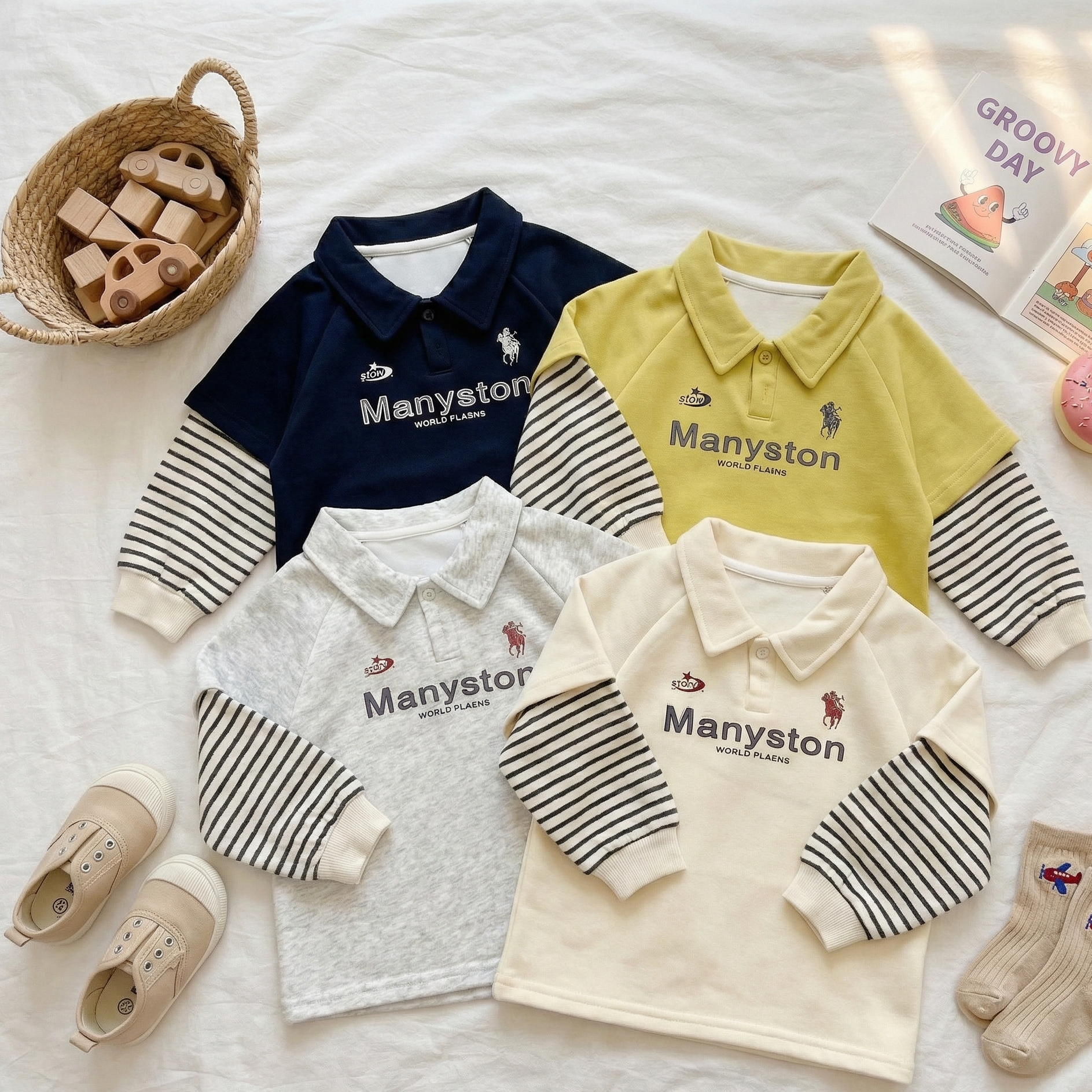 兒童假兩件條紋長袖Polo衫 (1)