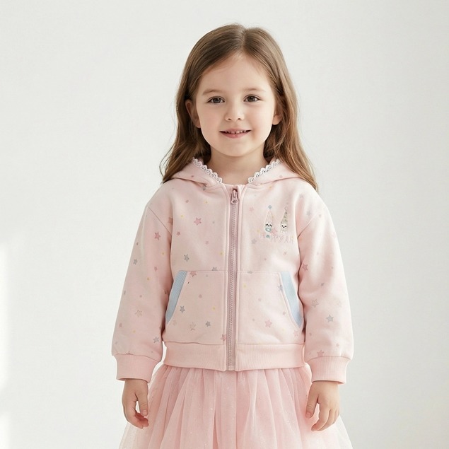 女童甜美蕾絲星星印花連帽拉鍊外套 (1)
