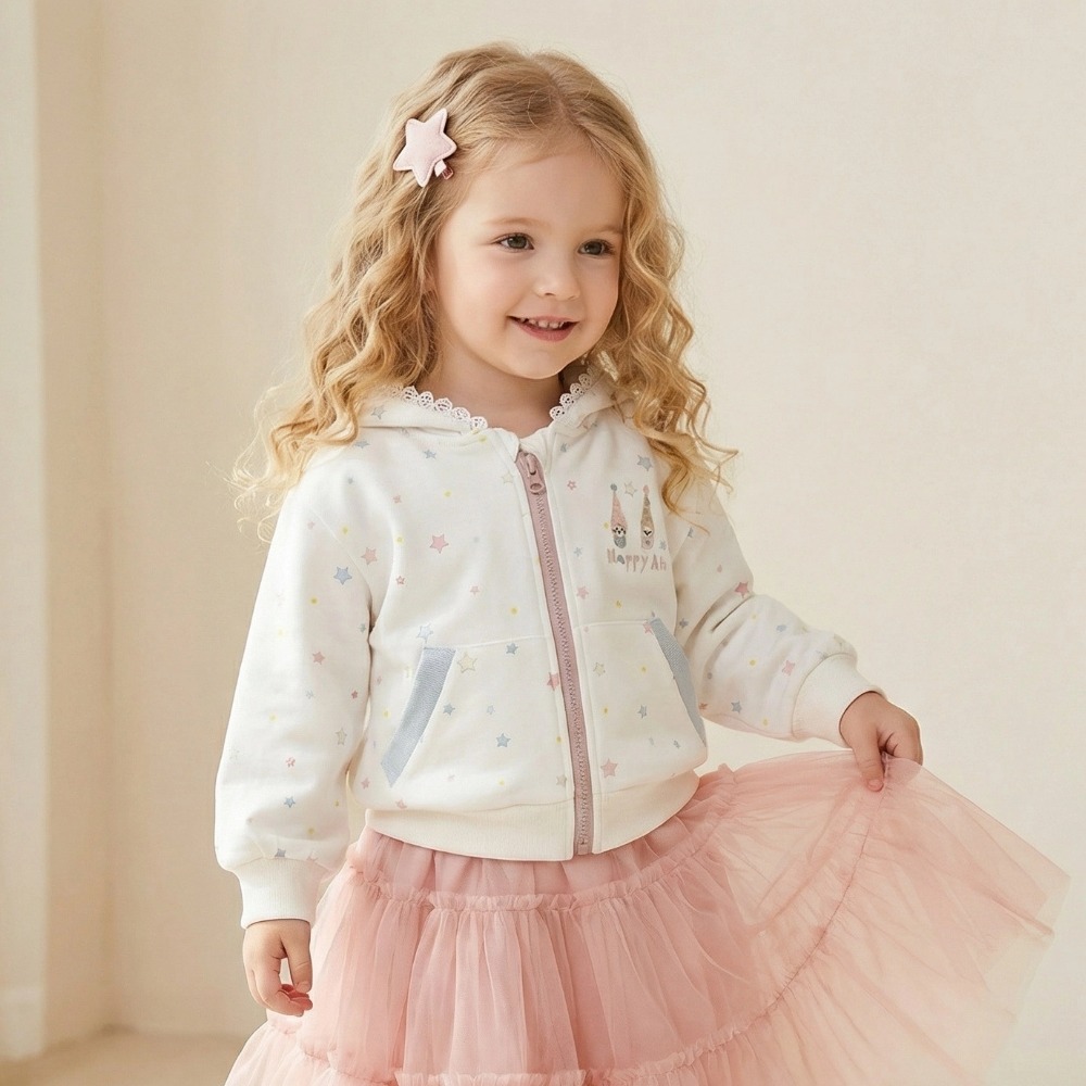 女童甜美蕾絲星星印花連帽拉鍊外套 (5)