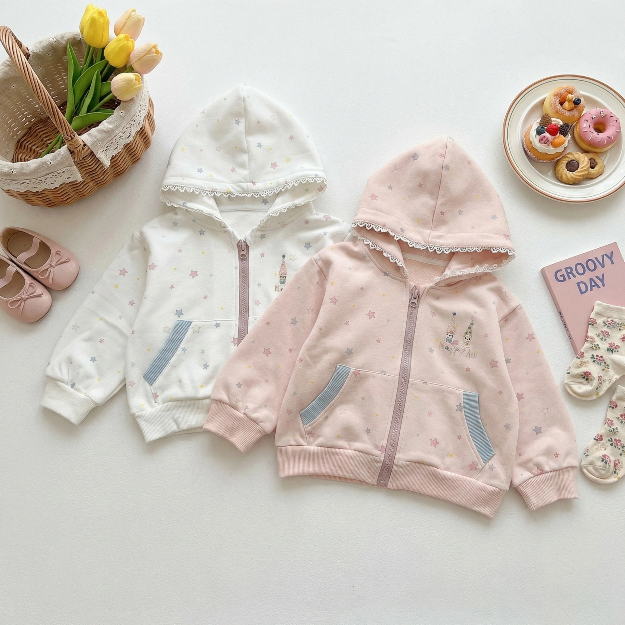 女童甜美蕾絲星星印花連帽拉鍊外套