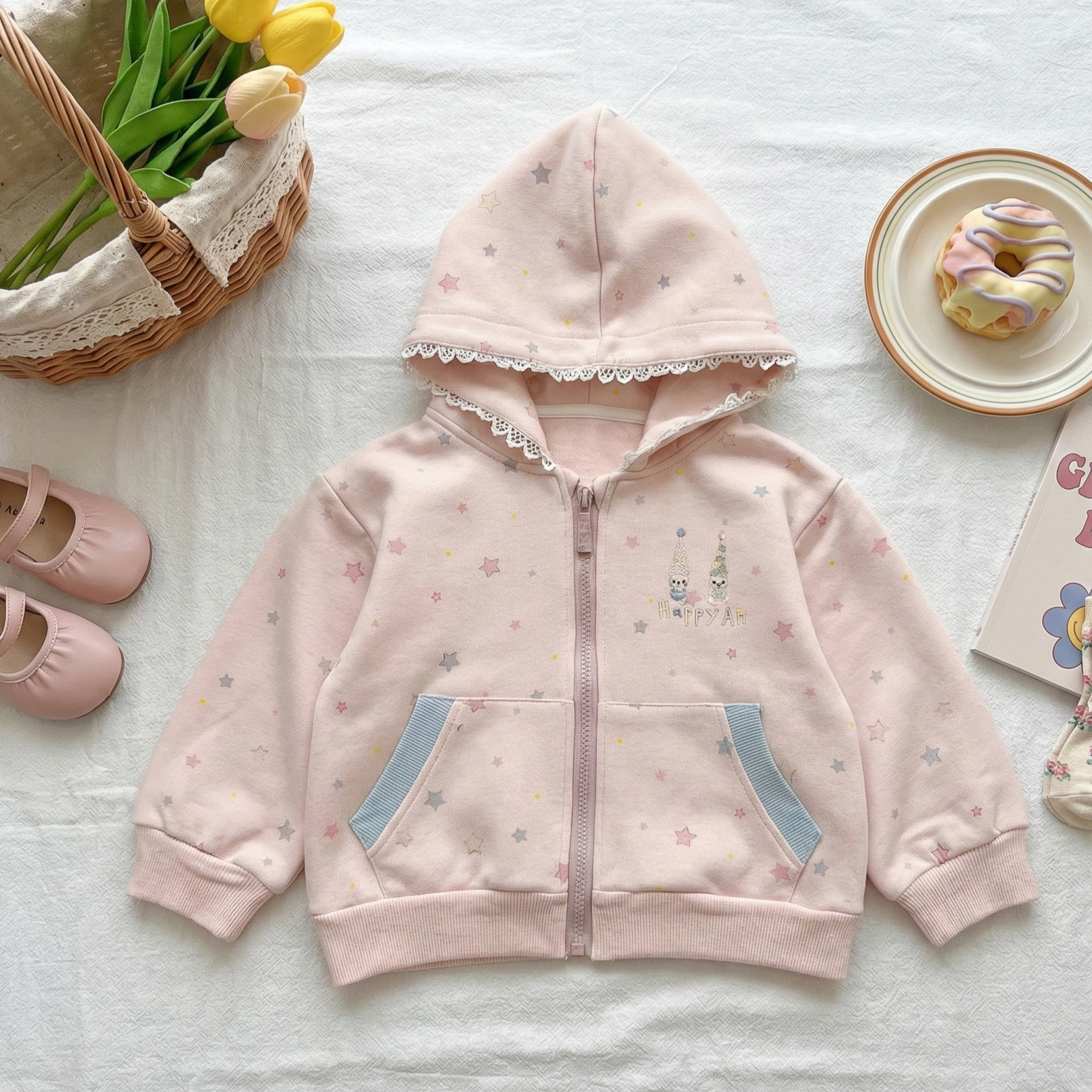 女童甜美蕾絲星星印花連帽拉鍊外套 (3)
