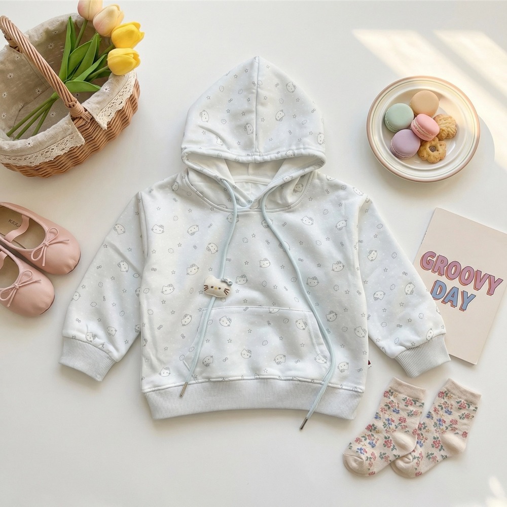 女童甜美貓咪滿版連帽衛衣 (3)