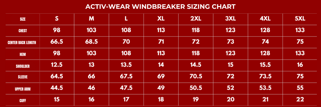 ACTIV-WEAR WINDBREAKER SIZING CHART