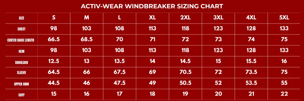 ACTIV-WEAR WINDBREAKER SIZING CHART