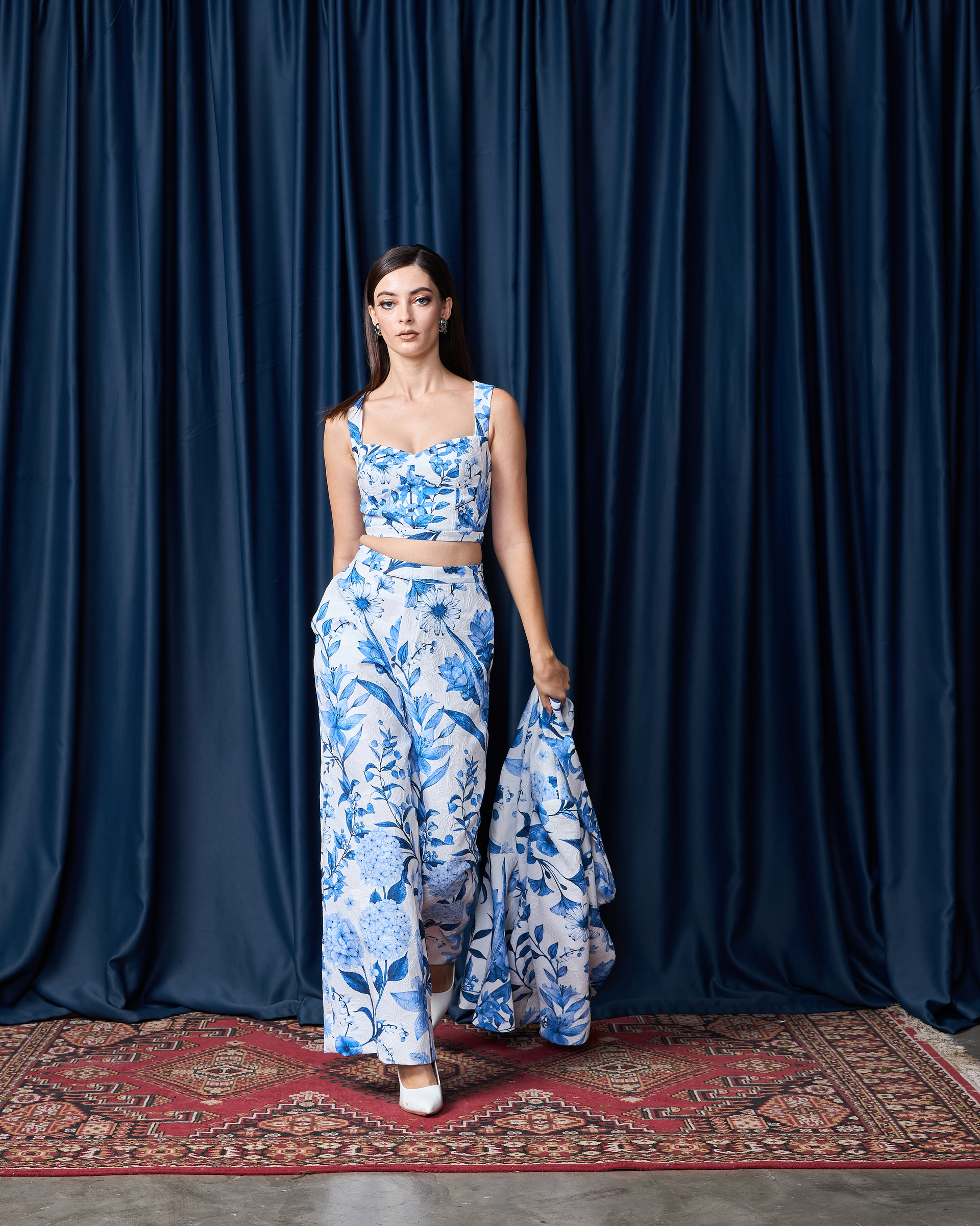 Floral Blue Crop Top with elegant floral print and fitted silhouette