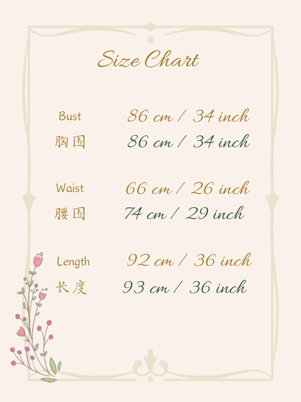 Size chart for Claudie Angel Modern Mini Cheongsam