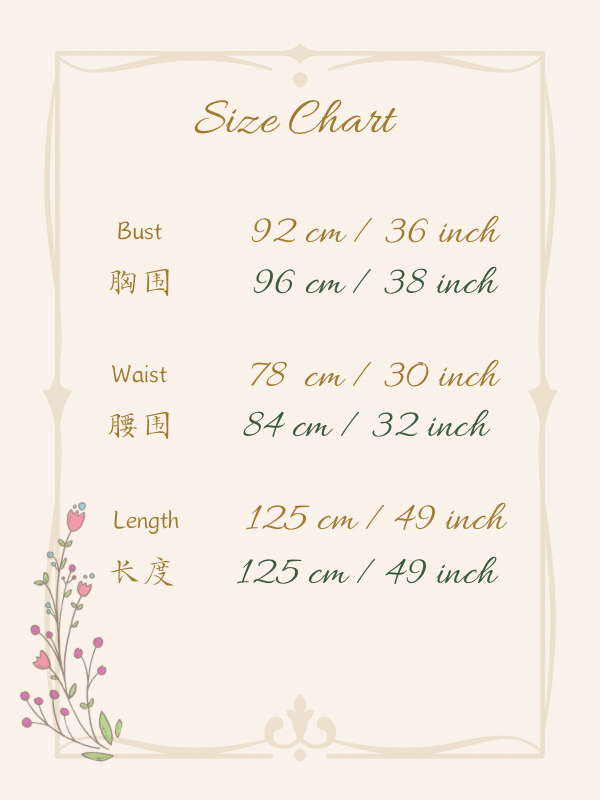 Size chart for Chinese French Mermaid Dress