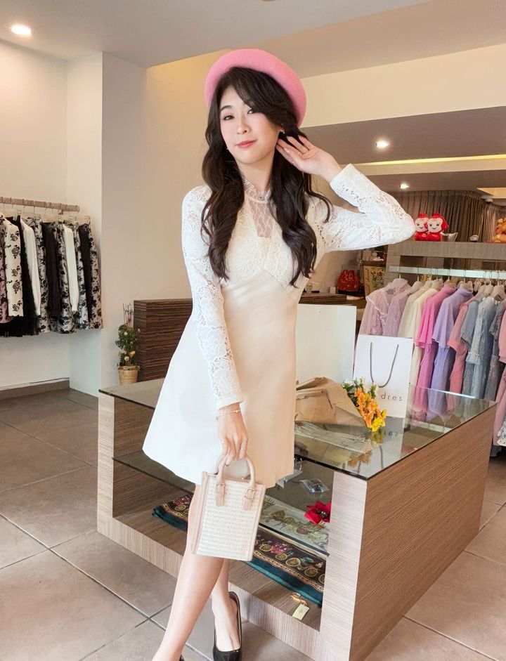 Milk Lola Leather Matching Mini Dress 奶白蕾丝皮质拼接迷你连身裙