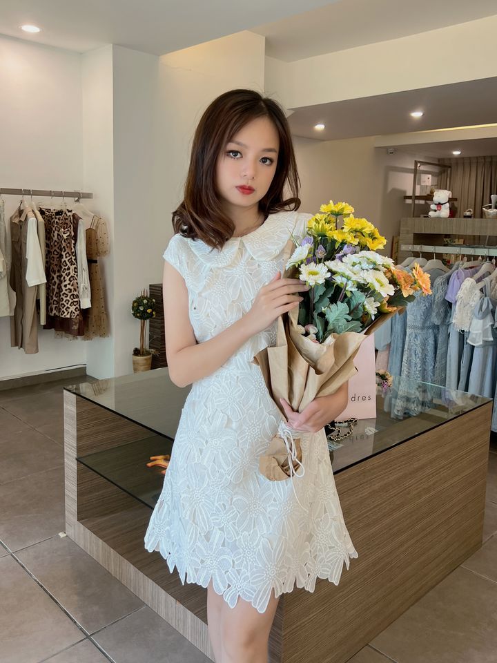 Elly White Floral Lace Dress 法式白色蕾丝连身裙