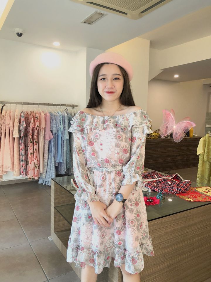 Floral Off Shoulder Soft Pink Dress 印花一字肩连身裙
