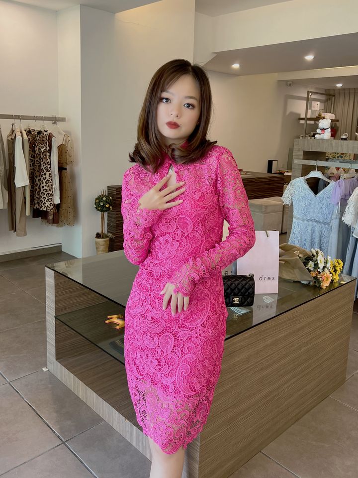 Hot Pink Modern Lace Cheongsam 芭比粉摩登蕾丝旗袍
