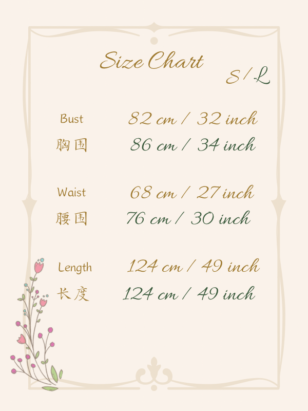 Size chart for Josephine Countryside Dress