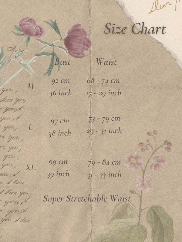 Size chart for Misty Blossom Modern Oriental Set Wear