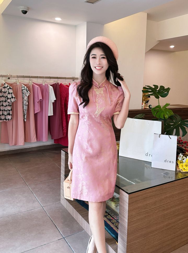 Celestial Pink Butterfly Modern Oriental Cheongsam 粉蝶云光中式旗袍