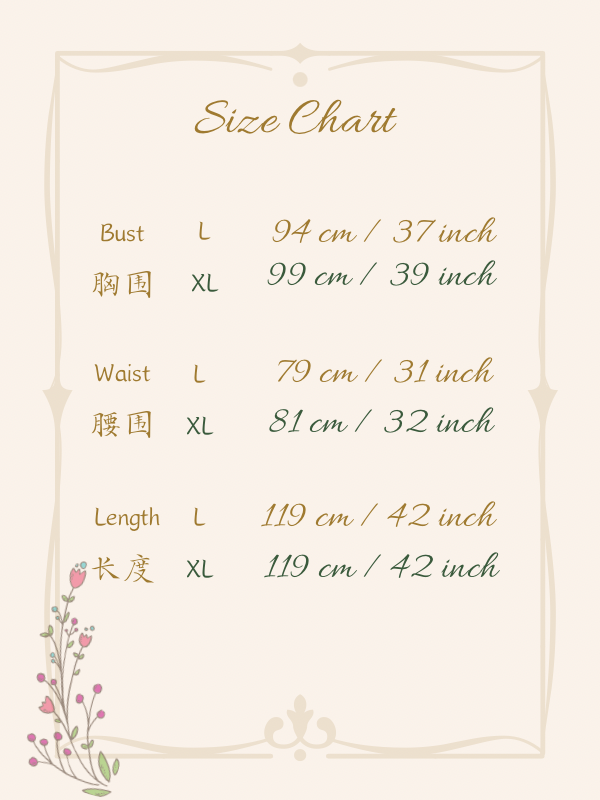 Size chart for Classic Blossom Modern Oriental Cheongsam