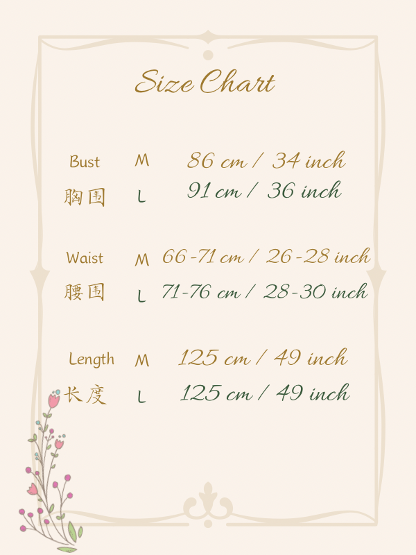 Size chart for Soft Ivy Dress