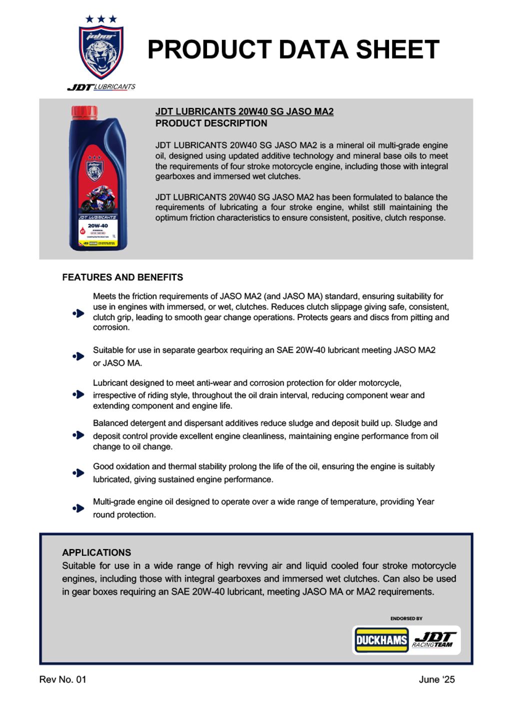 JDT LUBRICANTS 20W40 SG JASO MA2-1