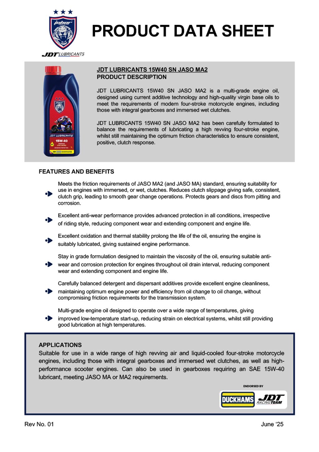 JDT LUBRICANTS 15W40 SN JASO MA2-1