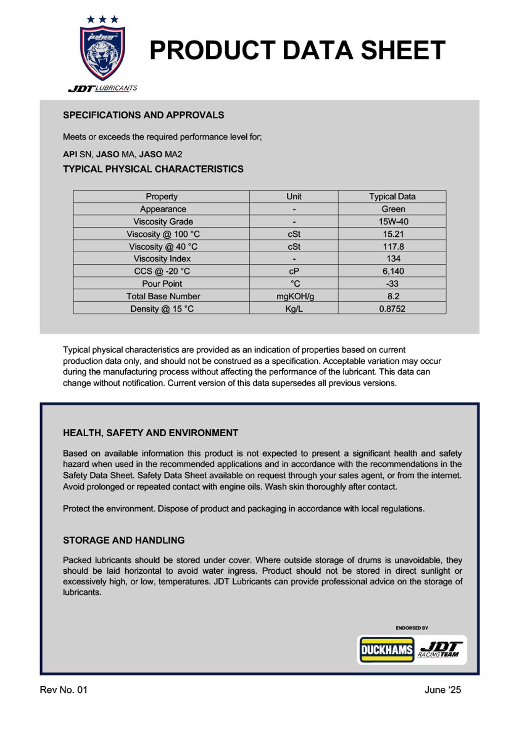 JDT LUBRICANTS 15W40 SN JASO MA2-2