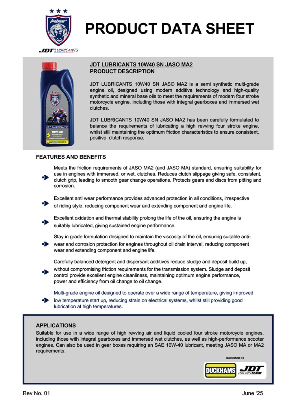 JDT LUBRICANTS 10W40 SN JASO MA2-1