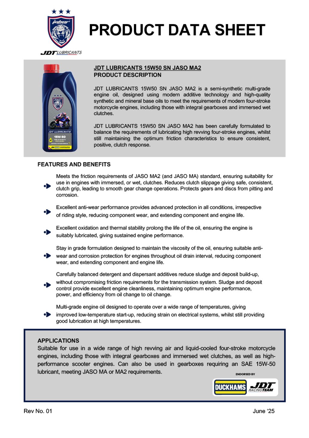 JDT LUBRICANTS 15W50 SN JASO MA2-1