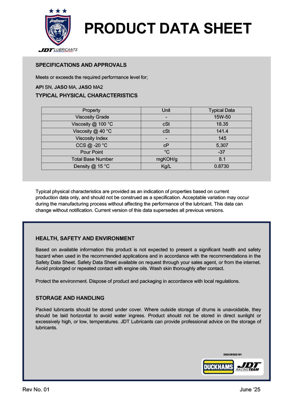 JDT LUBRICANTS 15W50 SN JASO MA2-2