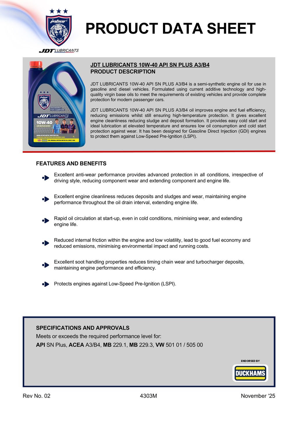 JDT 10W-40 API SN PLUS A3B4-1