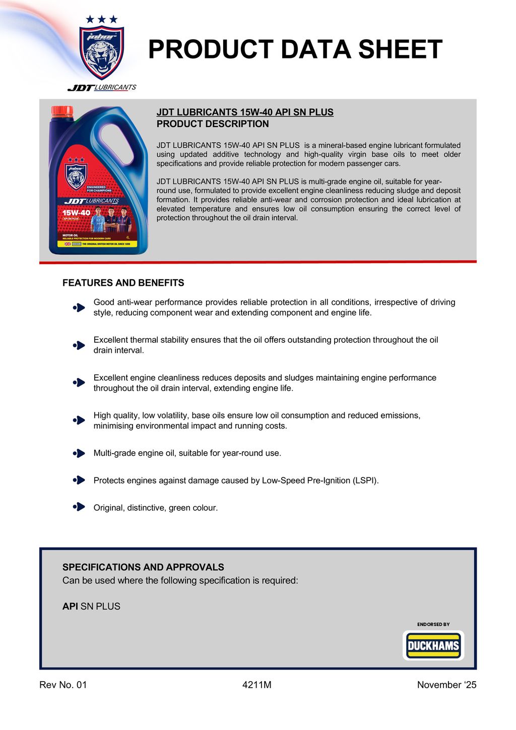 JDT 15W-40 API SN PLUS-1