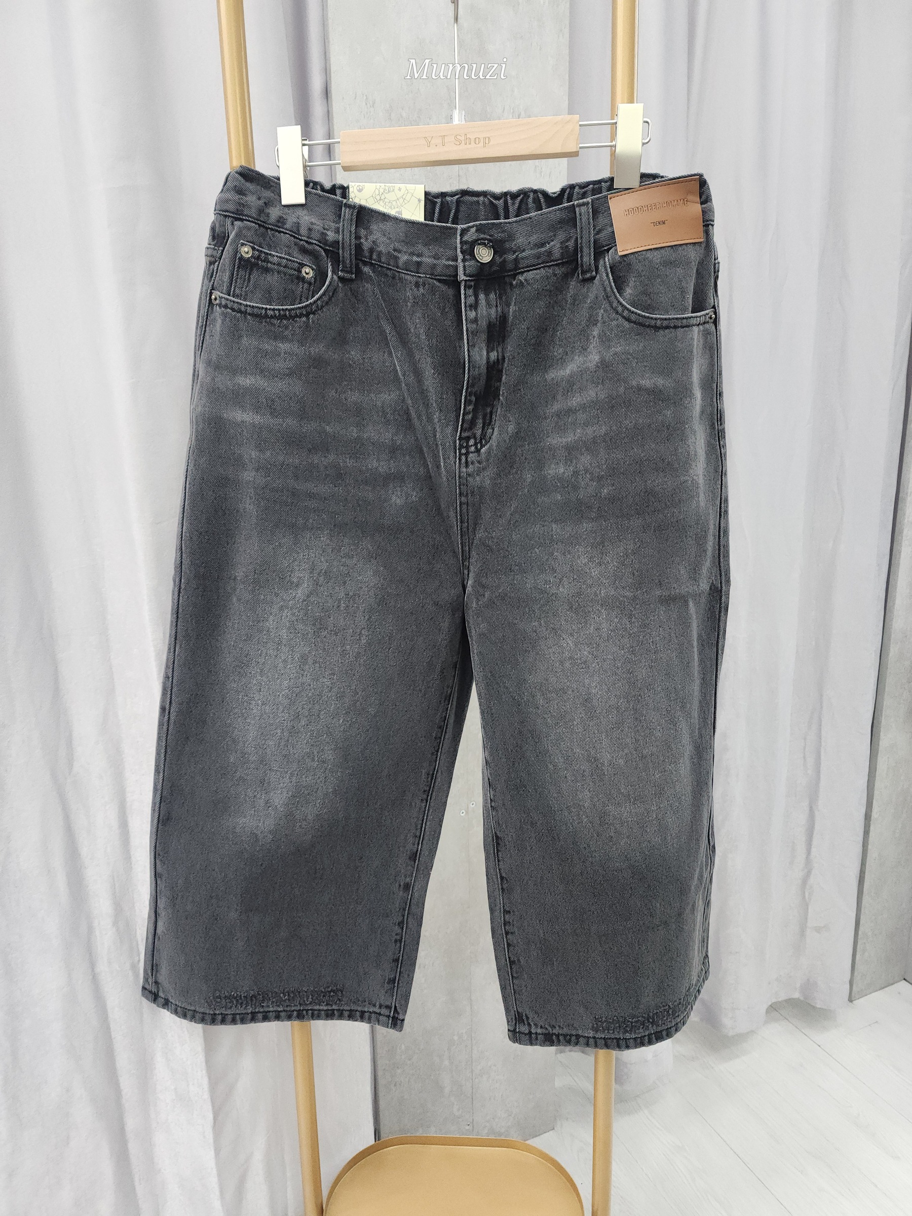 MUMUZI 黑色水洗八分牛仔寬褲 中大尺碼 C099