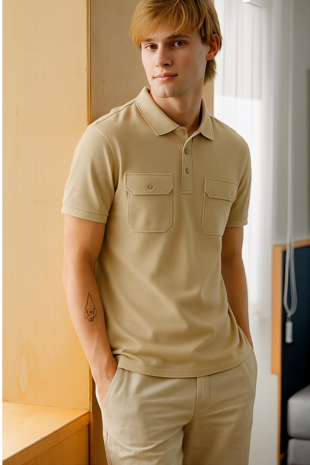 Young Man in Casual Beige Outfit
