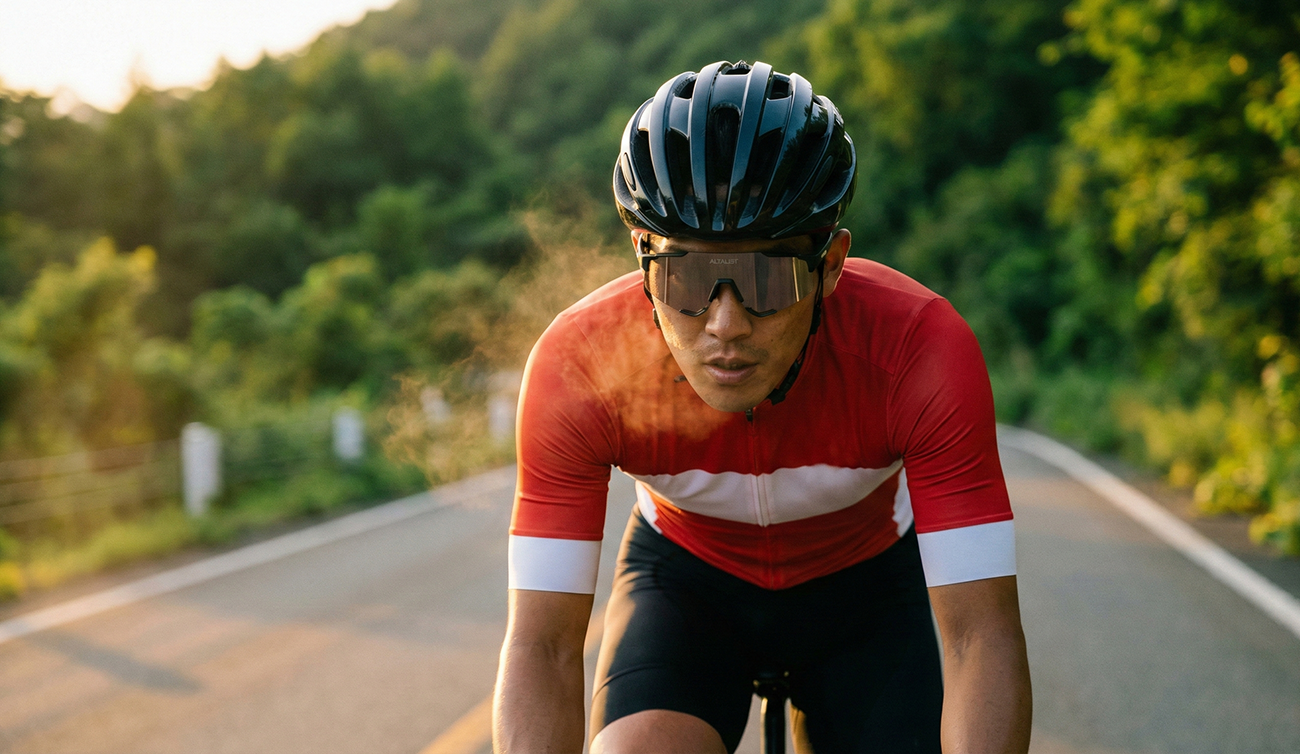 自行車騎士在濱海公路騎行，配戴防風運動眼鏡