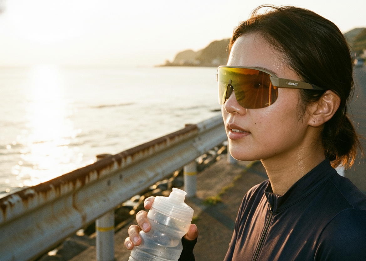 夕陽西下，日本女性騎士在海邊公路旁休息，鏡片正在慢慢變回透明