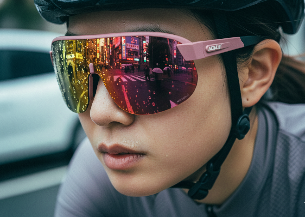 Altalist 眼鏡特寫，背景為模糊的日本街道，展現鏡片質感與設計