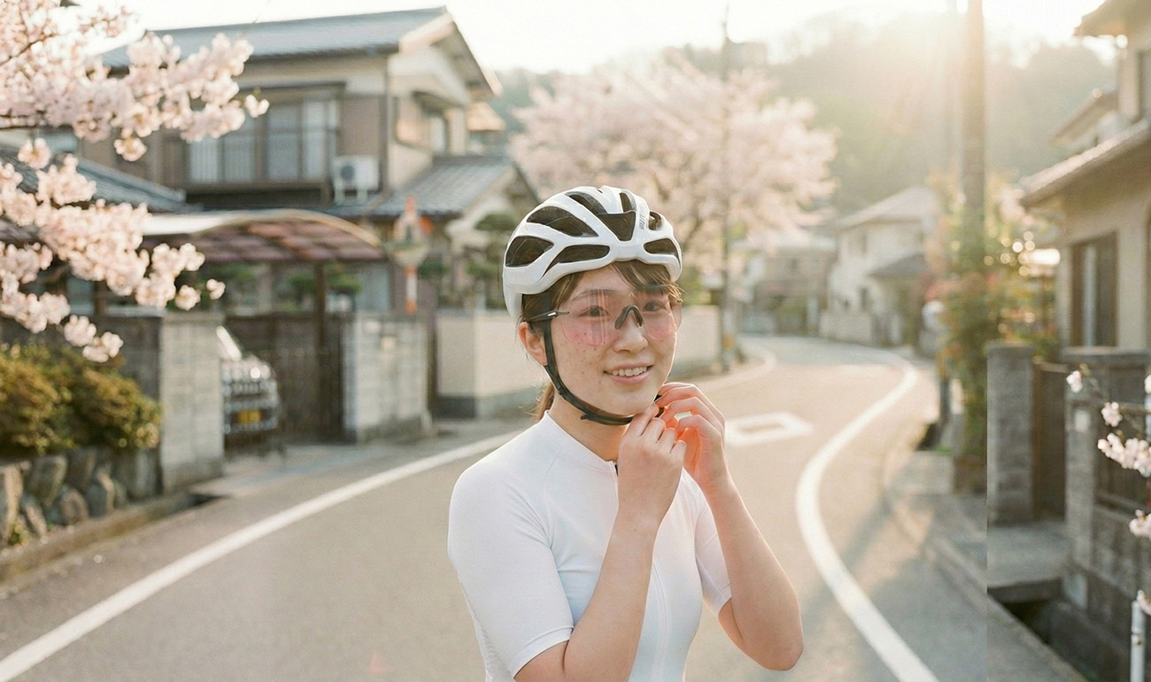 日本女性騎士在清晨柔和光線下整理裝備，配戴透明狀態的Altalist眼鏡