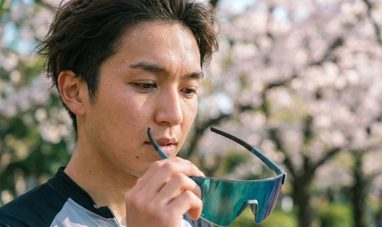 日本女性跑者在公園休息，手持輕量化運動眼鏡，背景有柔和的散景